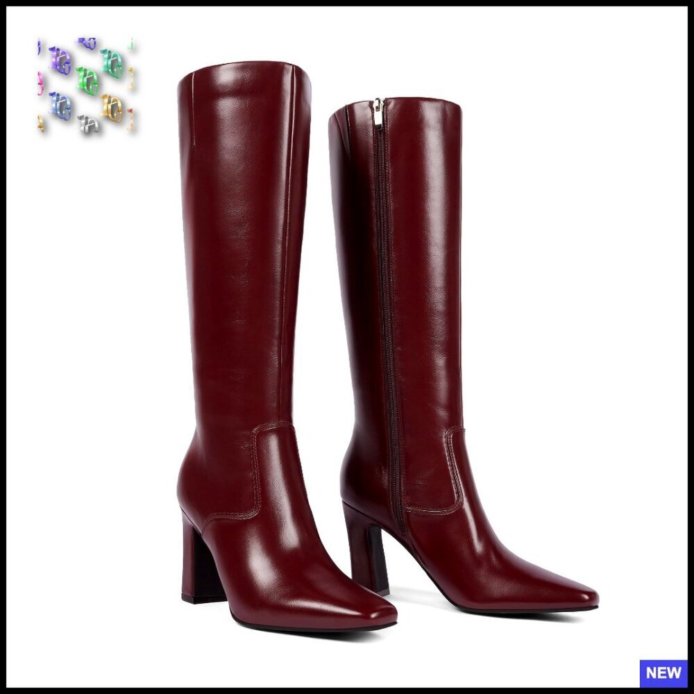 Knee High Boots Chunky Heel Square Toe Side Zipper Dress Tall Boots Modern